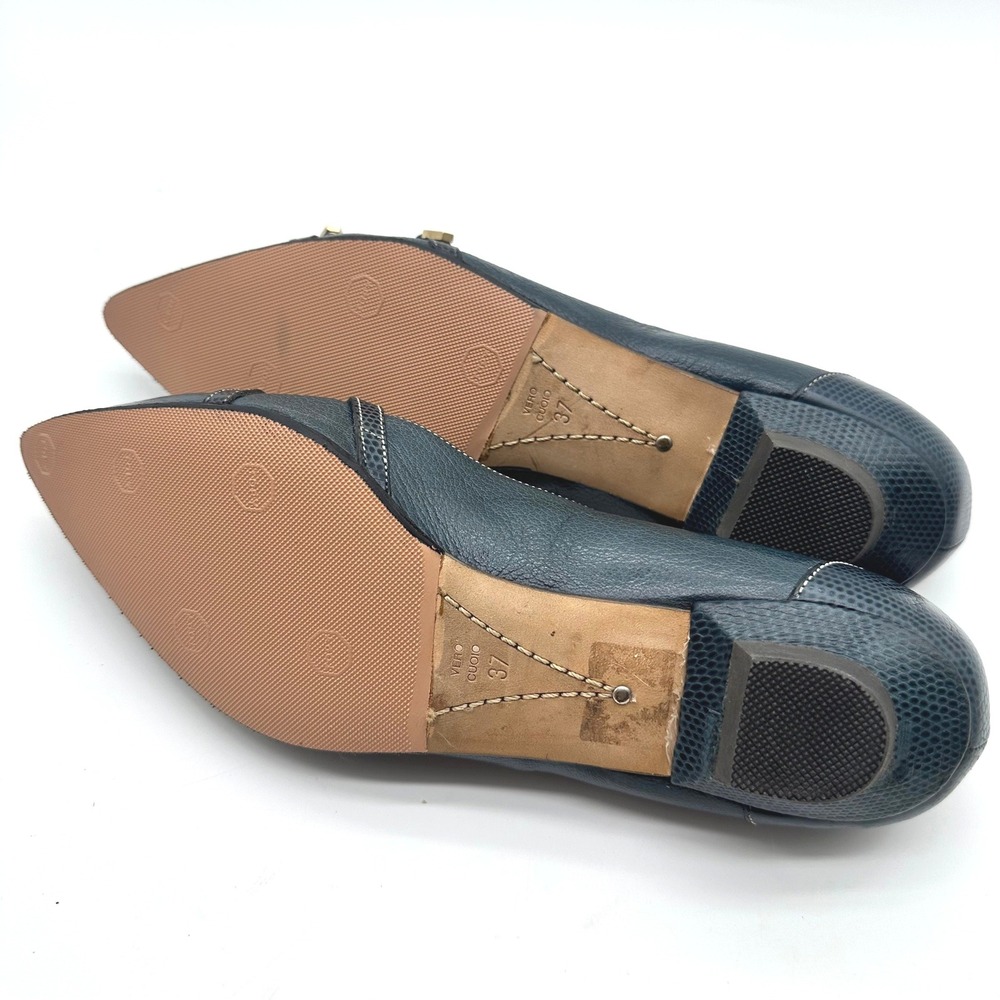 Vintage Santoni Italy Double Buckle Pointed Flats Teal Blue Pebble Leather 7.5 - Picture 8 of 10